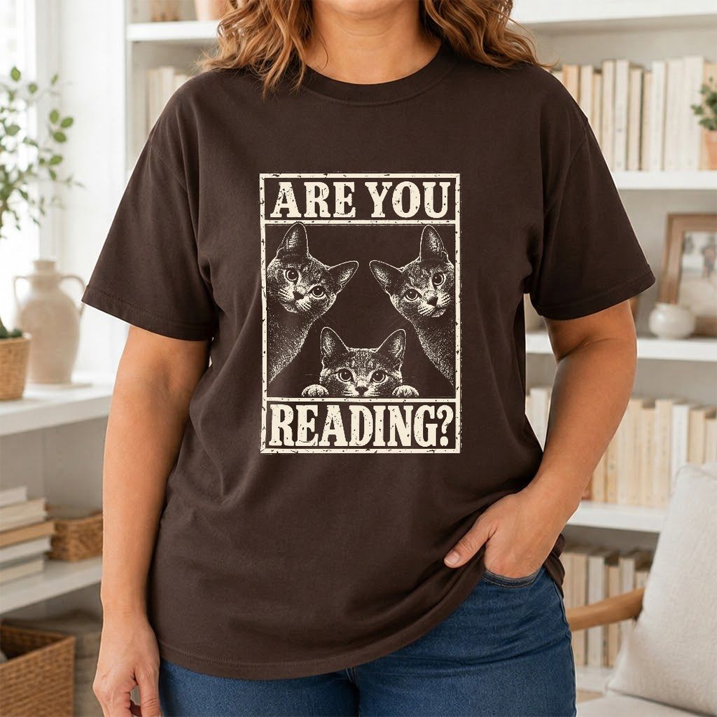 ARE YOU READING Russian Blue Printed T-Shirt | Cat Lover Gift Dark Chocolate
