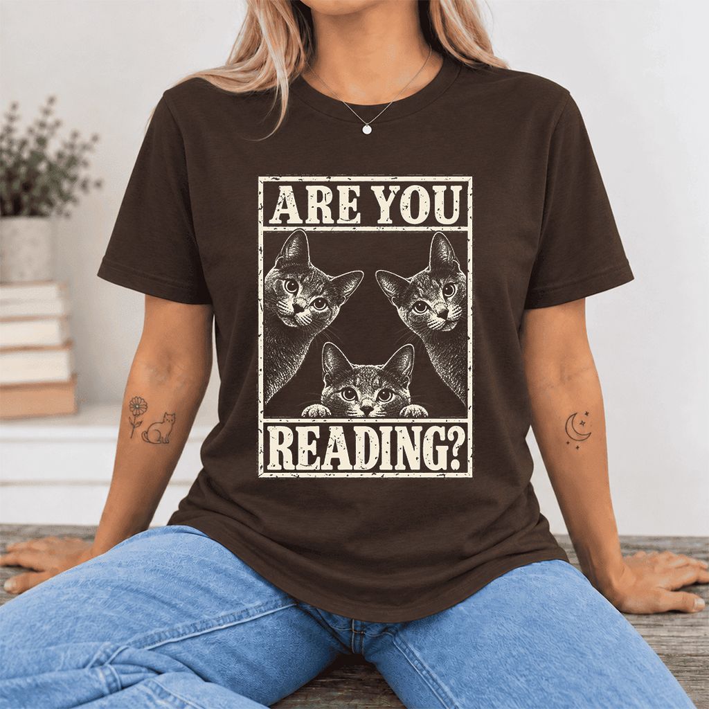 ARE YOU READING Russian Blue Ultra-Soft Cotton T-Shirt | Cat Lover Gift Brown