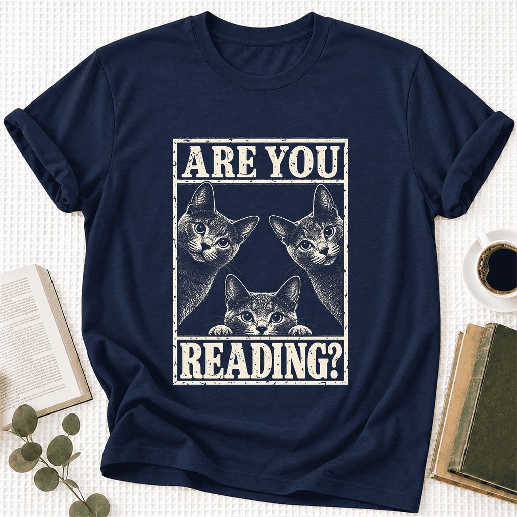 ARE YOU READING Russian Blue Ultra-Soft Cotton T-Shirt | Cat Lover Gift Navy