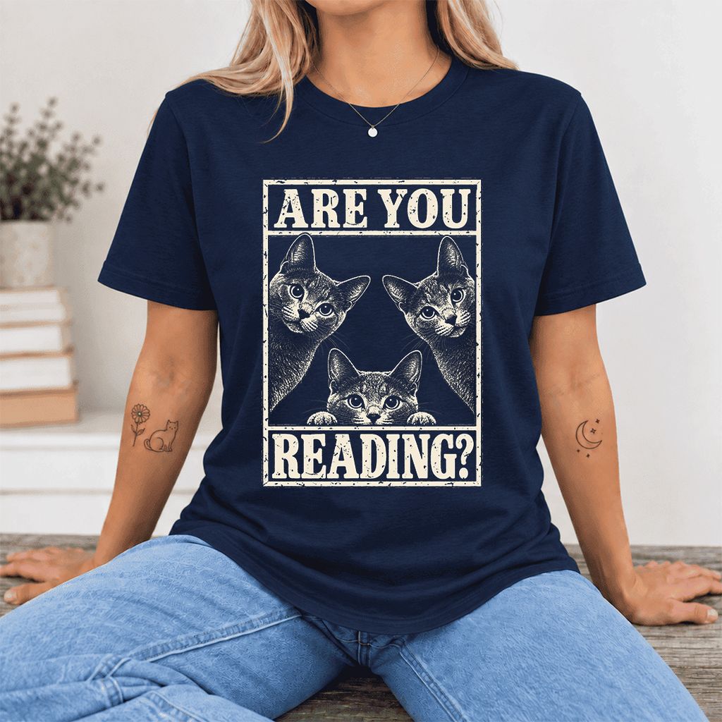 ARE YOU READING Russian Blue Ultra-Soft Cotton T-Shirt | Cat Lover Gift Navy