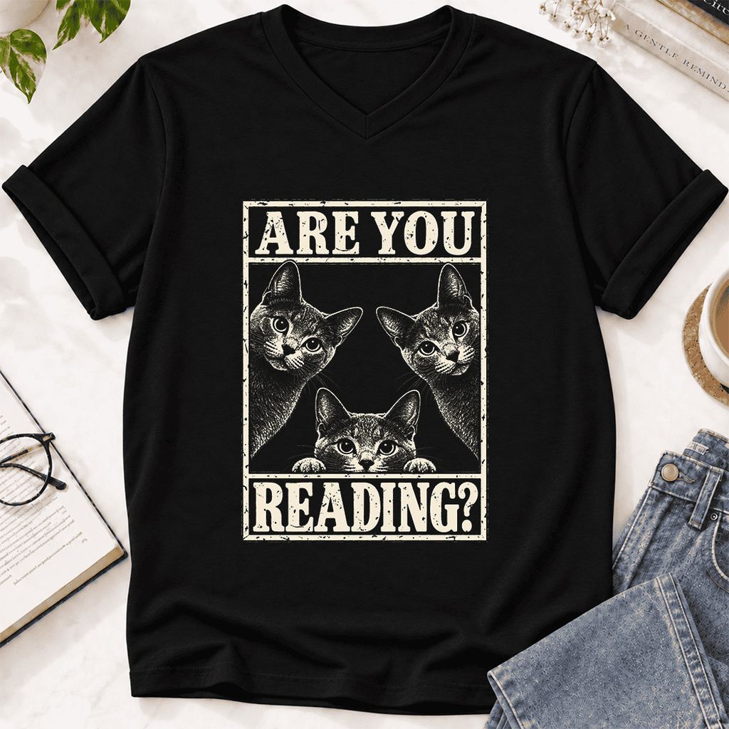 ARE YOU READING Russian Blue Ultra-Soft V-Neck | Cat Lover Gift Black