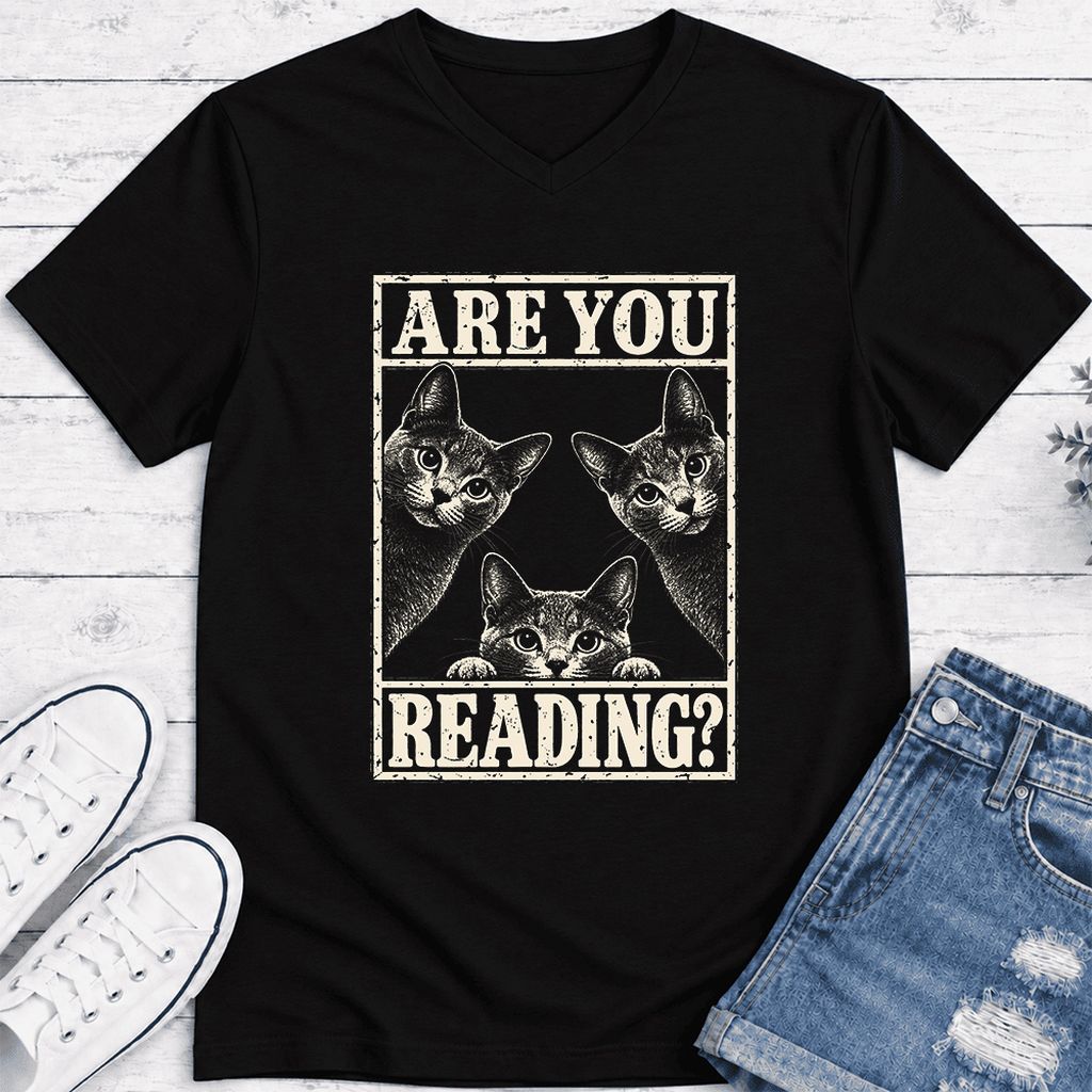 ARE YOU READING Russian Blue Ultra-Soft V-Neck | Cat Lover Gift Black
