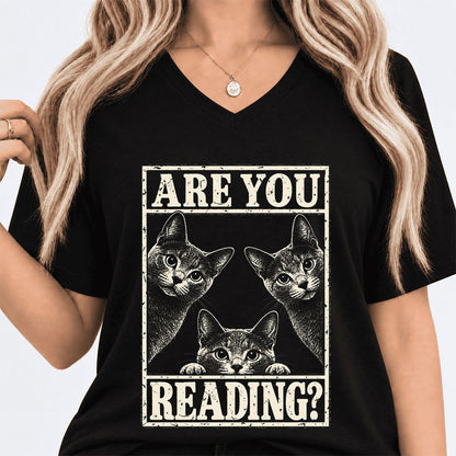ARE YOU READING Russian Blue Ultra-Soft V-Neck | Cat Lover Gift Black