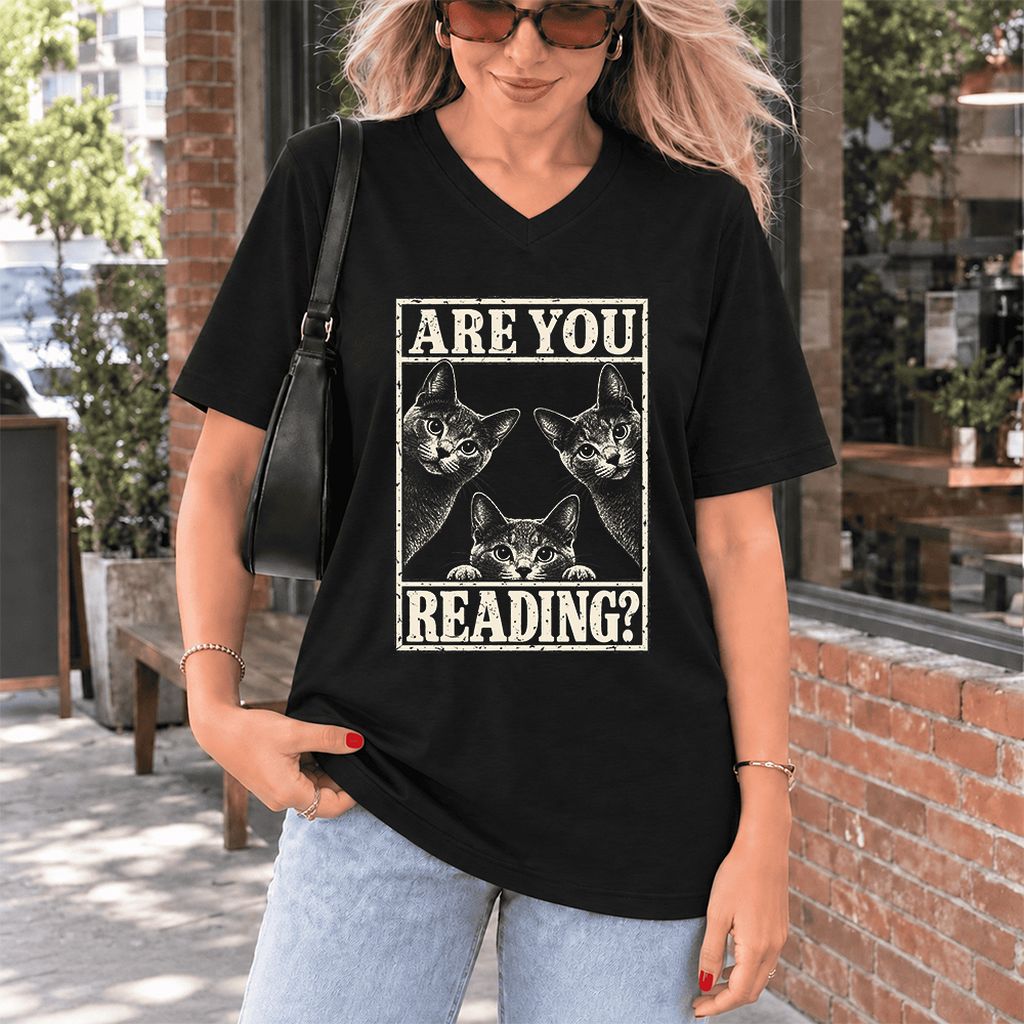 ARE YOU READING Russian Blue Ultra-Soft V-Neck | Cat Lover Gift Black