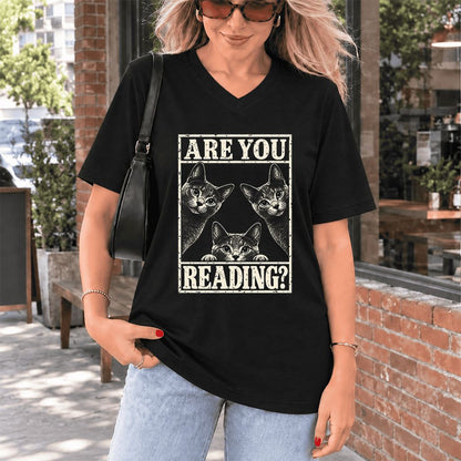 ARE YOU READING Russian Blue Ultra-Soft V-Neck | Cat Lover Gift Black