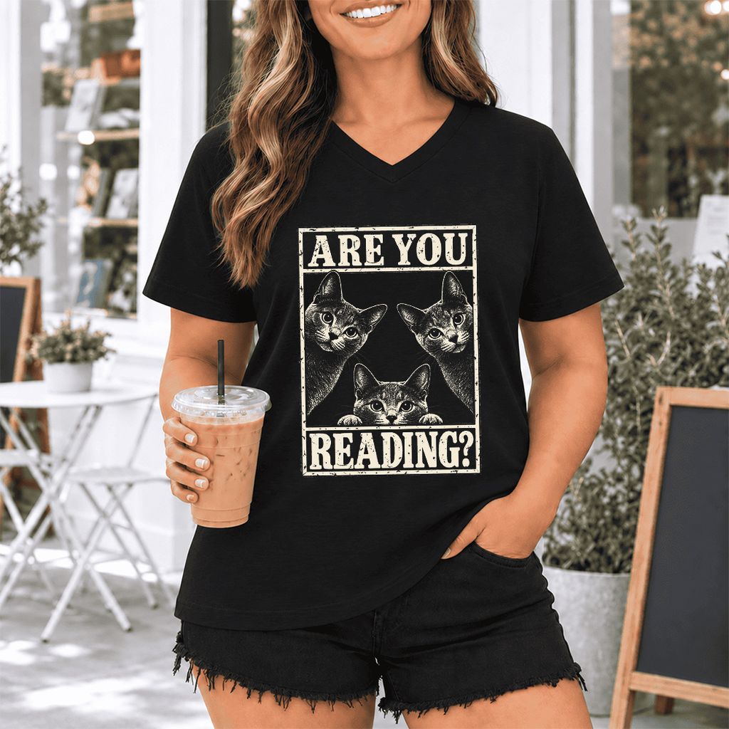 ARE YOU READING Russian Blue Ultra-Soft V-Neck | Cat Lover Gift Black