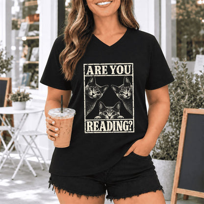 ARE YOU READING Russian Blue Ultra-Soft V-Neck | Cat Lover Gift Black