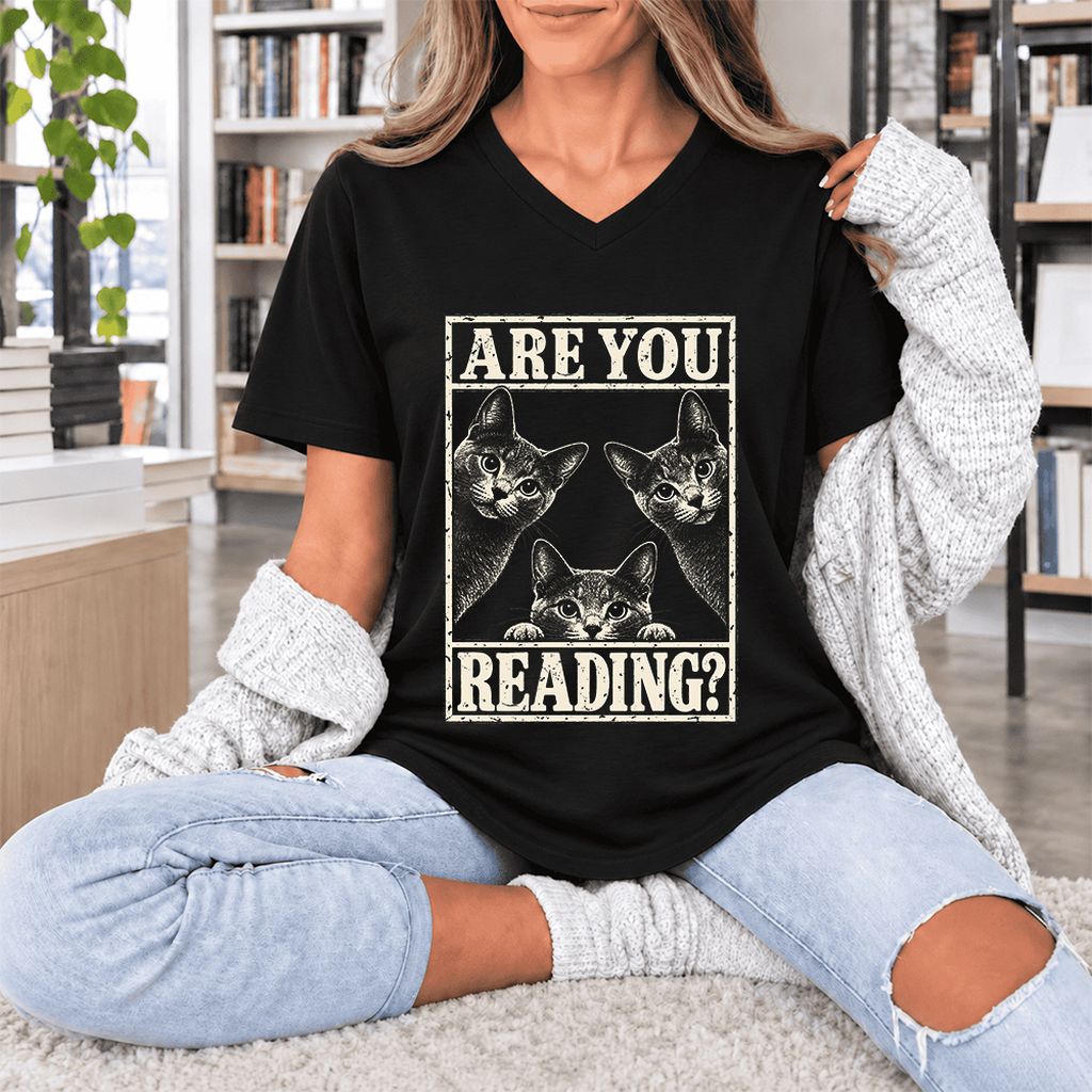 ARE YOU READING Russian Blue Ultra-Soft V-Neck | Cat Lover Gift Black