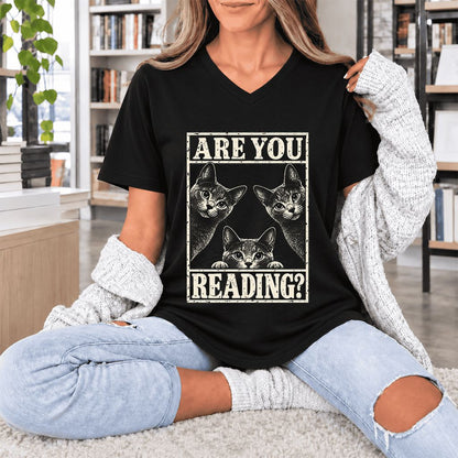 ARE YOU READING Russian Blue Ultra-Soft V-Neck | Cat Lover Gift Black