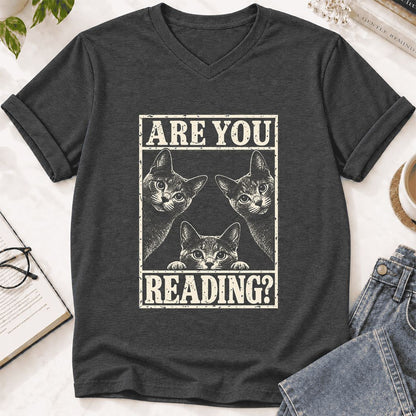 ARE YOU READING Russian Blue Ultra-Soft V-Neck | Cat Lover Gift Dark Grey Heather