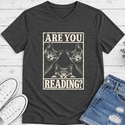 ARE YOU READING Russian Blue Ultra-Soft V-Neck | Cat Lover Gift Dark Grey Heather