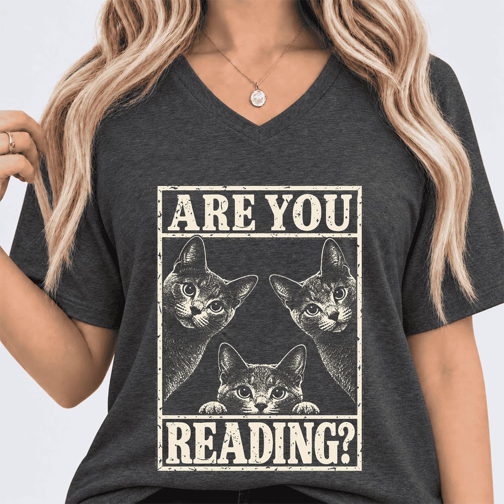 ARE YOU READING Russian Blue Ultra-Soft V-Neck | Cat Lover Gift Dark Grey Heather