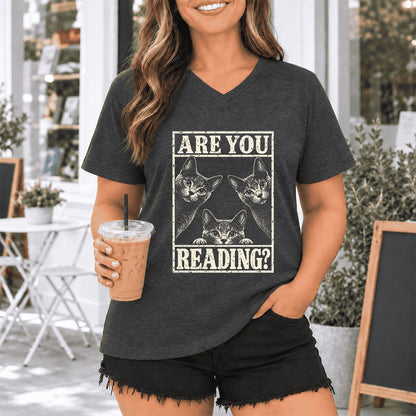 ARE YOU READING Russian Blue Ultra-Soft V-Neck | Cat Lover Gift Dark Grey Heather
