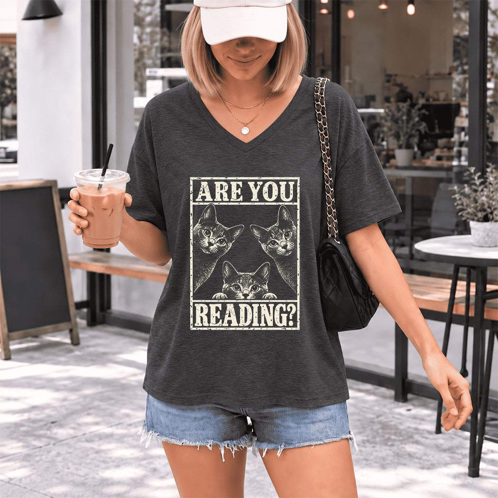 ARE YOU READING Russian Blue Ultra-Soft V-Neck | Cat Lover Gift Dark Grey Heather