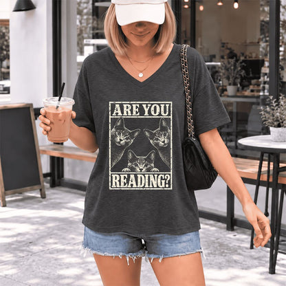 ARE YOU READING Russian Blue Ultra-Soft V-Neck | Cat Lover Gift Dark Grey Heather