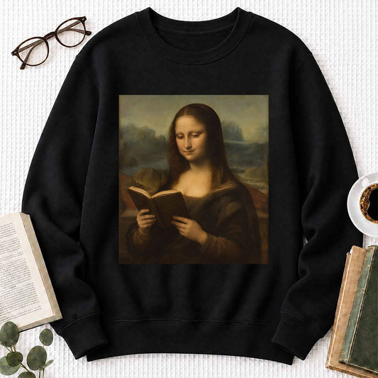 Mona Lisa Reading Crewneck Sweatshirt | Literary Home Reader Gift Black
