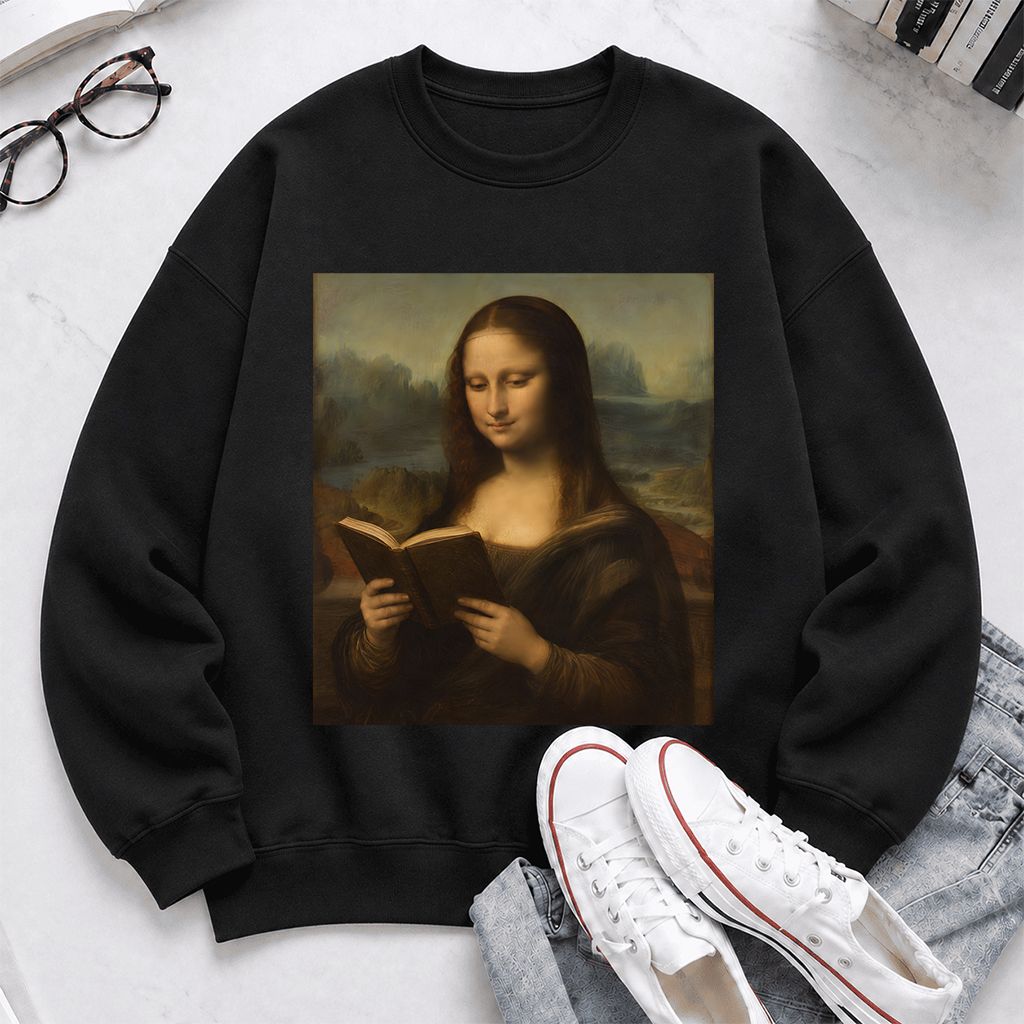 Mona Lisa Reading Printed Sweatshirt | Literary Home Reader Gift Black