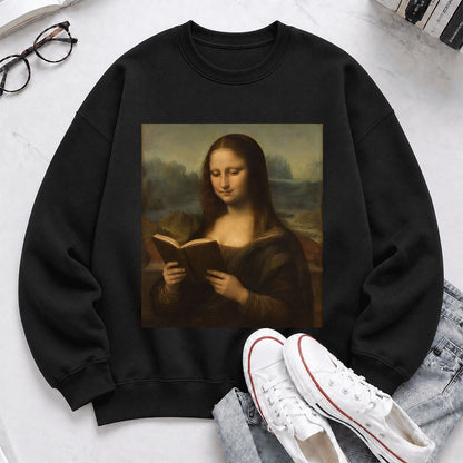 Mona Lisa Reading Printed Sweatshirt | Literary Home Reader Gift Black