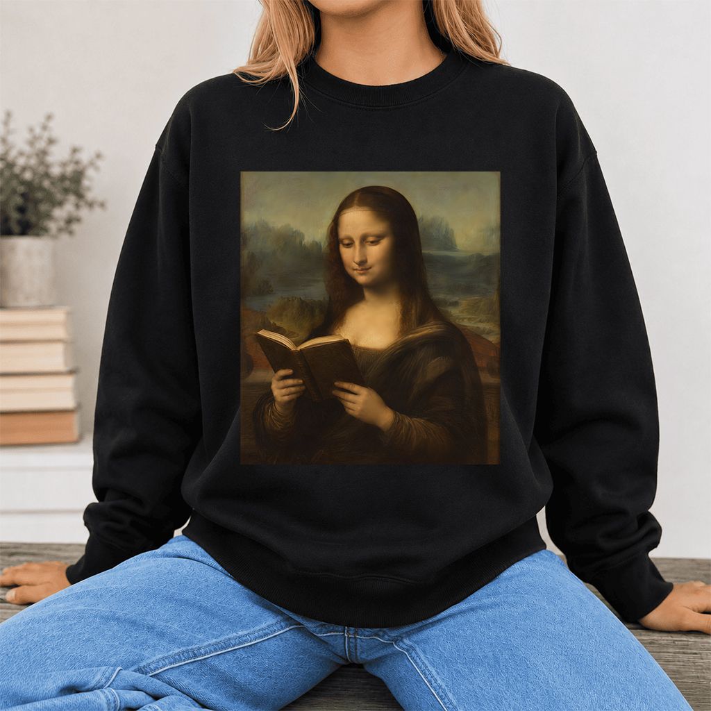 Mona Lisa Reading Printed Sweatshirt | Literary Home Reader Gift Black