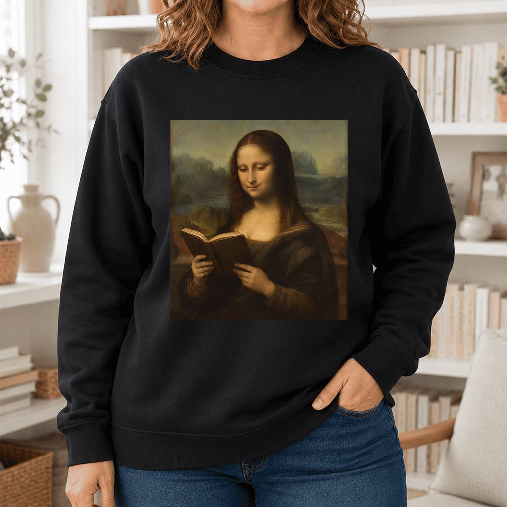 Mona Lisa Reading Printed Sweatshirt | Literary Home Reader Gift Black