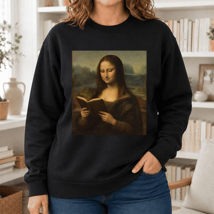 Mona Lisa Reading Printed Sweatshirt | Literary Home Reader Gift Black