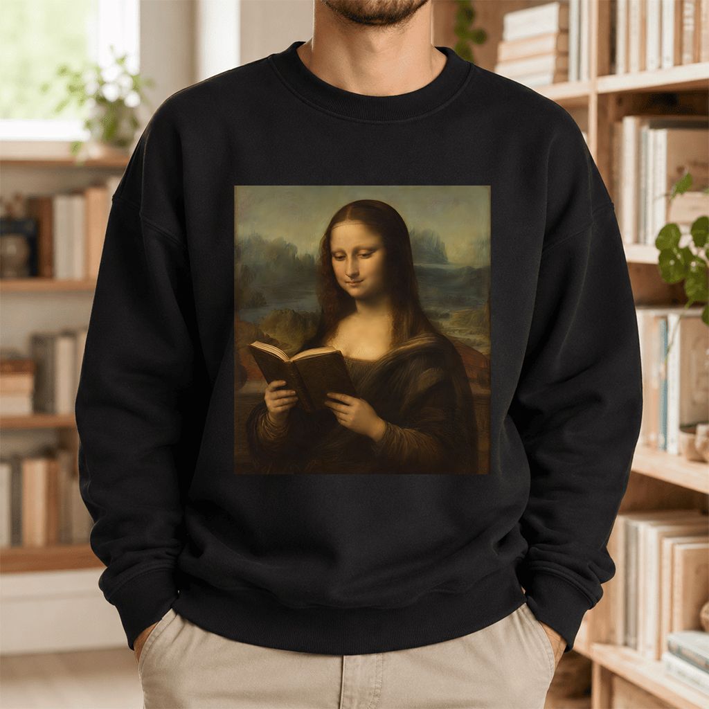 Mona Lisa Reading Printed Sweatshirt | Literary Home Reader Gift Black