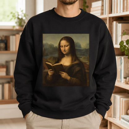 Mona Lisa Reading Printed Sweatshirt | Literary Home Reader Gift Black