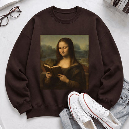 Mona Lisa Reading Printed Sweatshirt | Literary Home Reader Gift Dark Chocolate