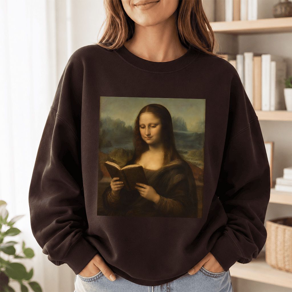 Mona Lisa Reading Printed Sweatshirt | Literary Home Reader Gift Dark Chocolate