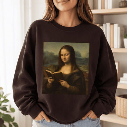 Mona Lisa Reading Printed Sweatshirt | Literary Home Reader Gift Dark Chocolate
