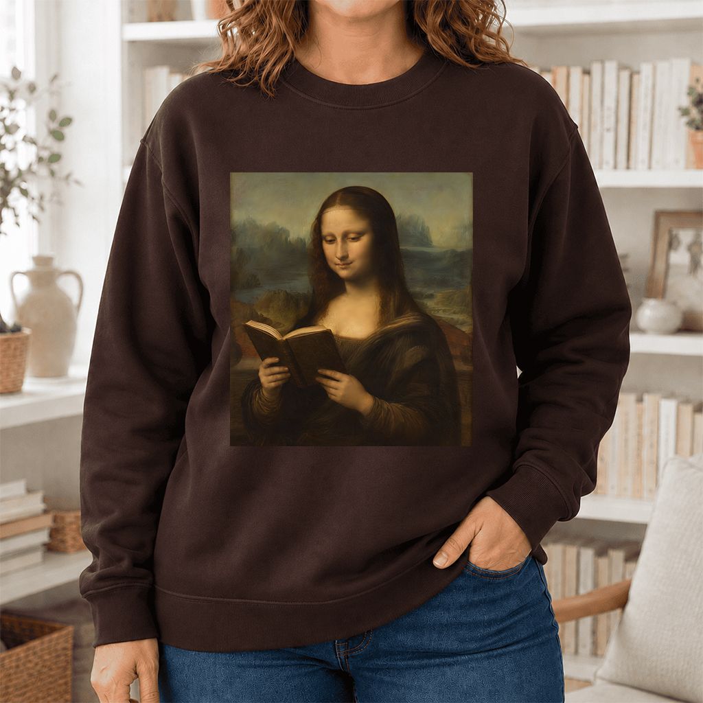 Mona Lisa Reading Printed Sweatshirt | Literary Home Reader Gift Dark Chocolate