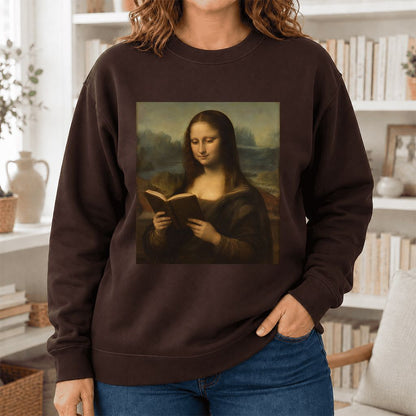 Mona Lisa Reading Printed Sweatshirt | Literary Home Reader Gift Dark Chocolate