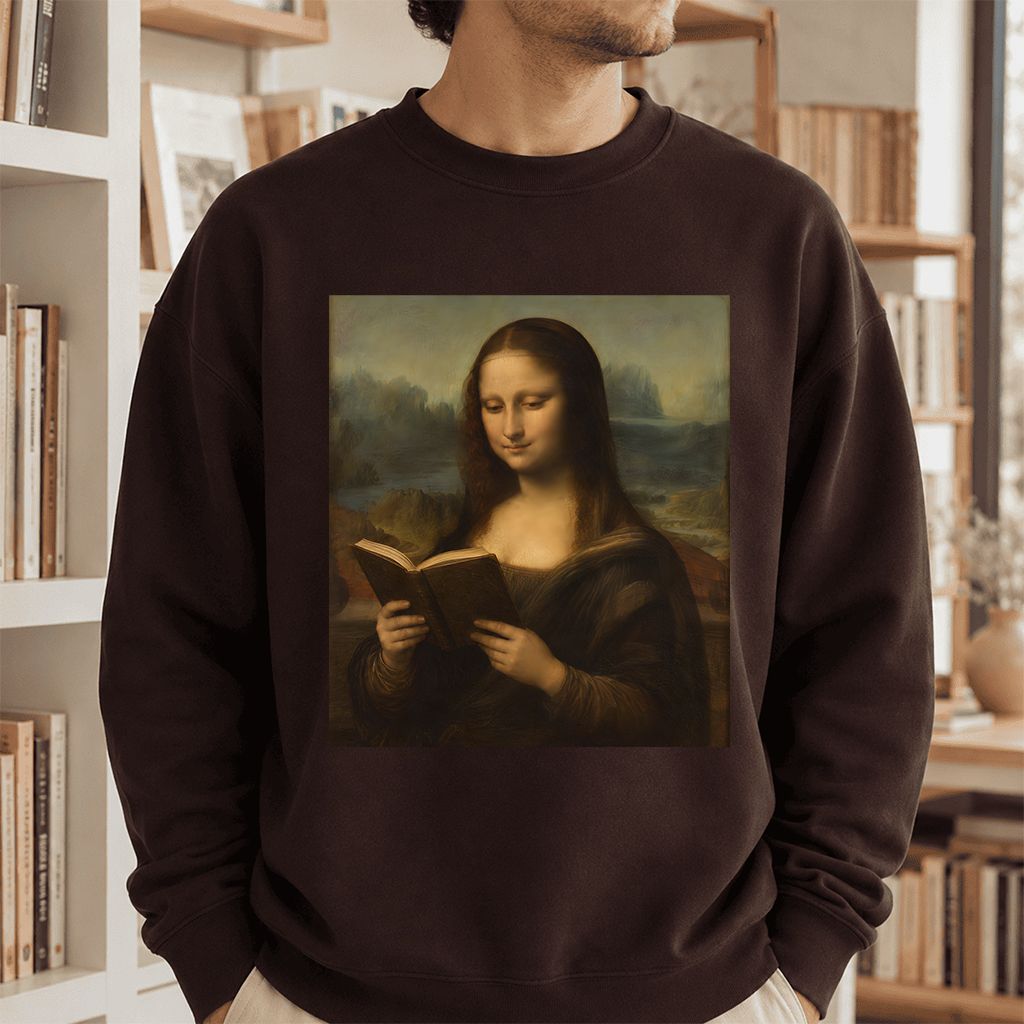 Mona Lisa Reading Printed Sweatshirt | Literary Home Reader Gift Dark Chocolate