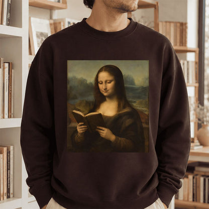Mona Lisa Reading Printed Sweatshirt | Literary Home Reader Gift Dark Chocolate