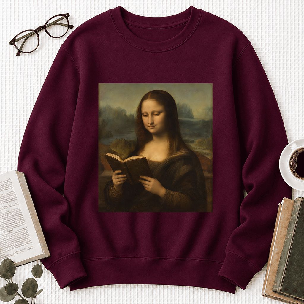Mona Lisa Reading Printed Sweatshirt | Literary Home Reader Gift Maroon