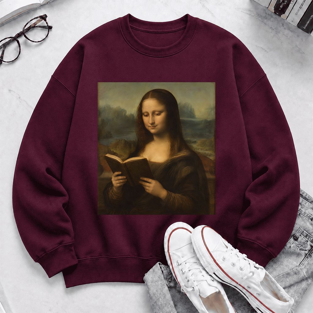 Mona Lisa Reading Printed Sweatshirt | Literary Home Reader Gift Maroon