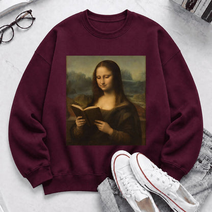 Mona Lisa Reading Printed Sweatshirt | Literary Home Reader Gift Maroon