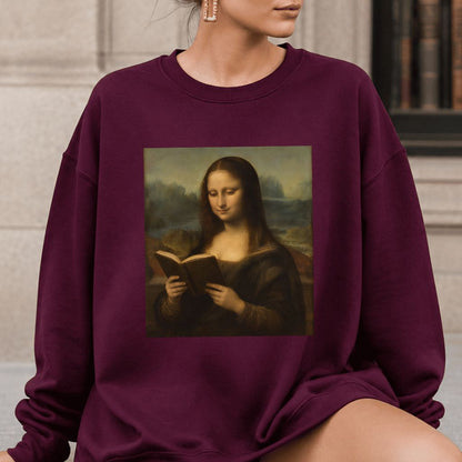 Mona Lisa Reading Printed Sweatshirt | Literary Home Reader Gift Maroon