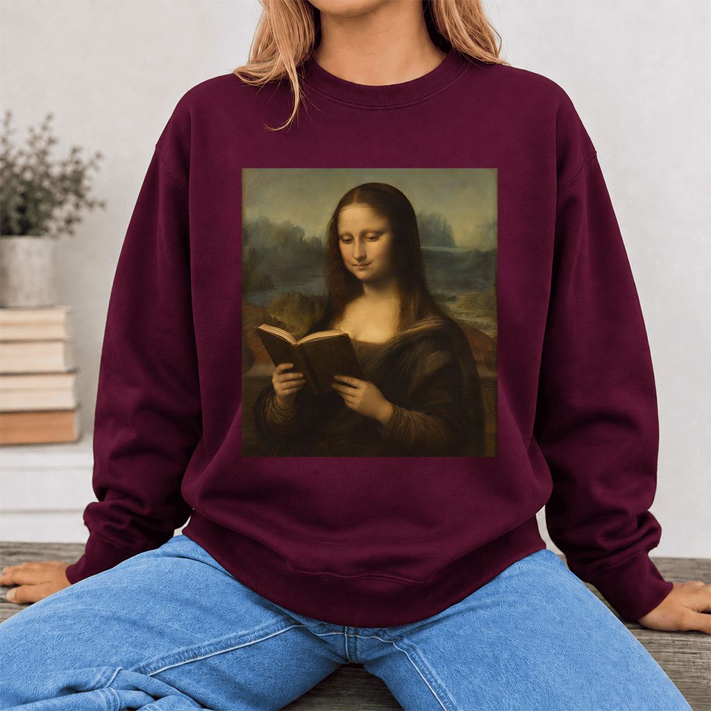 Mona Lisa Reading Printed Sweatshirt | Literary Home Reader Gift Maroon