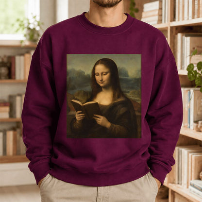 Mona Lisa Reading Printed Sweatshirt | Literary Home Reader Gift Maroon