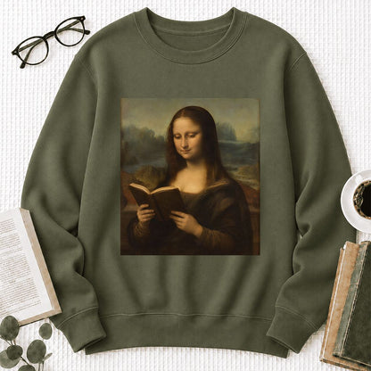 Mona Lisa Reading Printed Sweatshirt | Literary Home Reader Gift Military Green