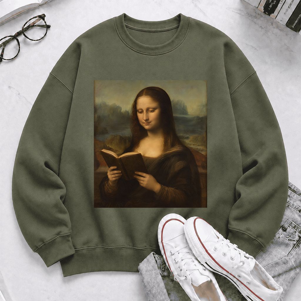 Mona Lisa Reading Printed Sweatshirt | Literary Home Reader Gift Military Green