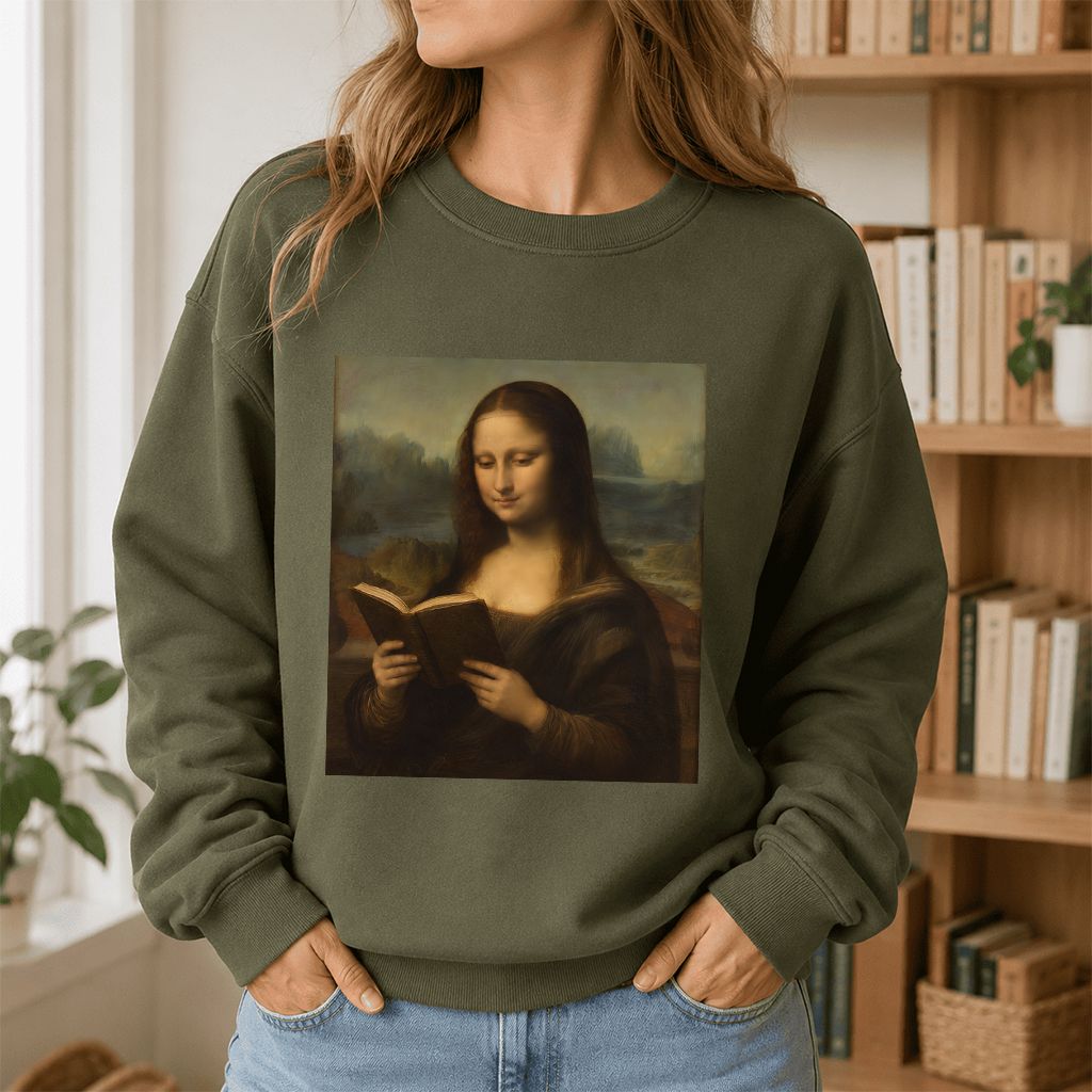 Mona Lisa Reading Printed Sweatshirt | Literary Home Reader Gift Military Green
