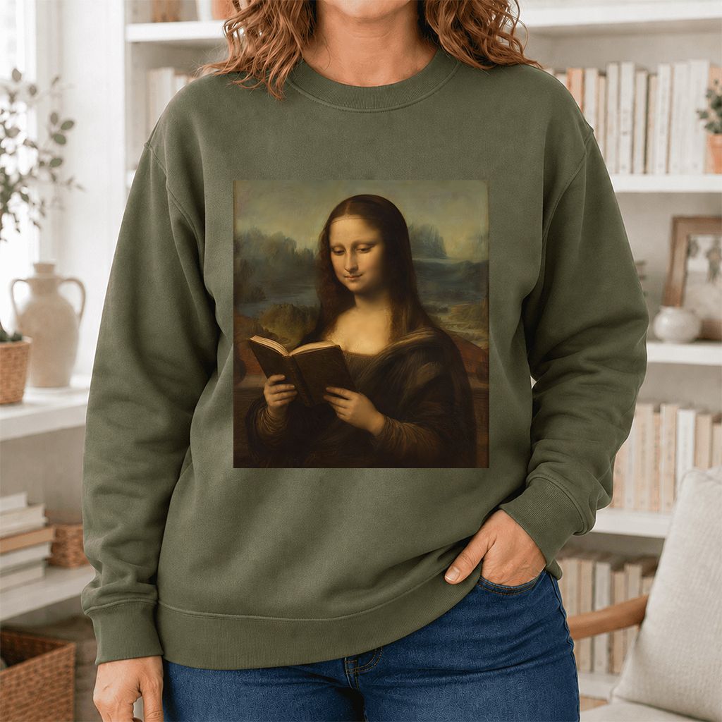 Mona Lisa Reading Printed Sweatshirt | Literary Home Reader Gift Military Green