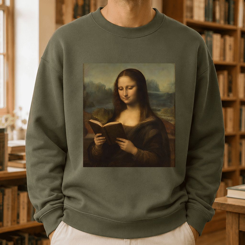 Mona Lisa Reading Printed Sweatshirt | Literary Home Reader Gift Military Green