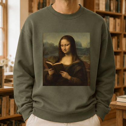 Mona Lisa Reading Printed Sweatshirt | Literary Home Reader Gift Military Green