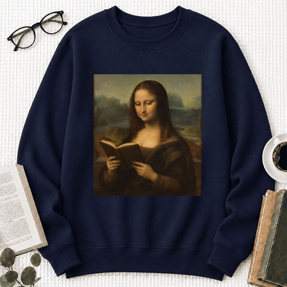 Mona Lisa Reading Printed Sweatshirt | Literary Home Reader Gift Navy