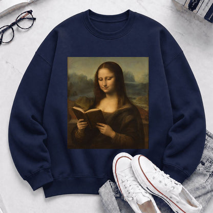 Mona Lisa Reading Printed Sweatshirt | Literary Home Reader Gift Navy