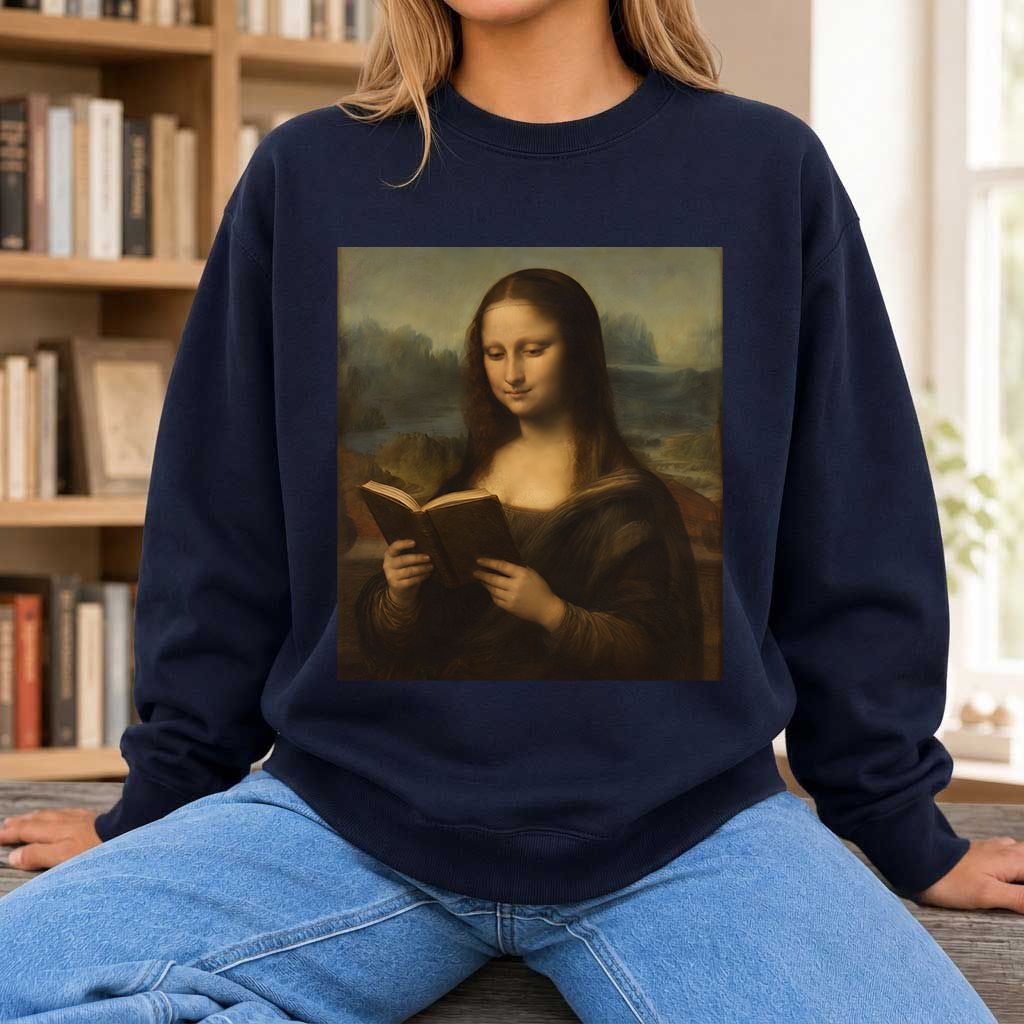 Mona Lisa Reading Printed Sweatshirt | Literary Home Reader Gift Navy