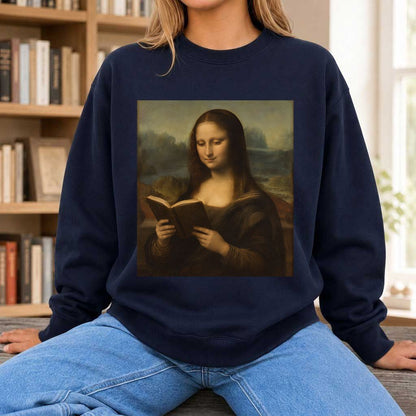 Mona Lisa Reading Printed Sweatshirt | Literary Home Reader Gift Navy
